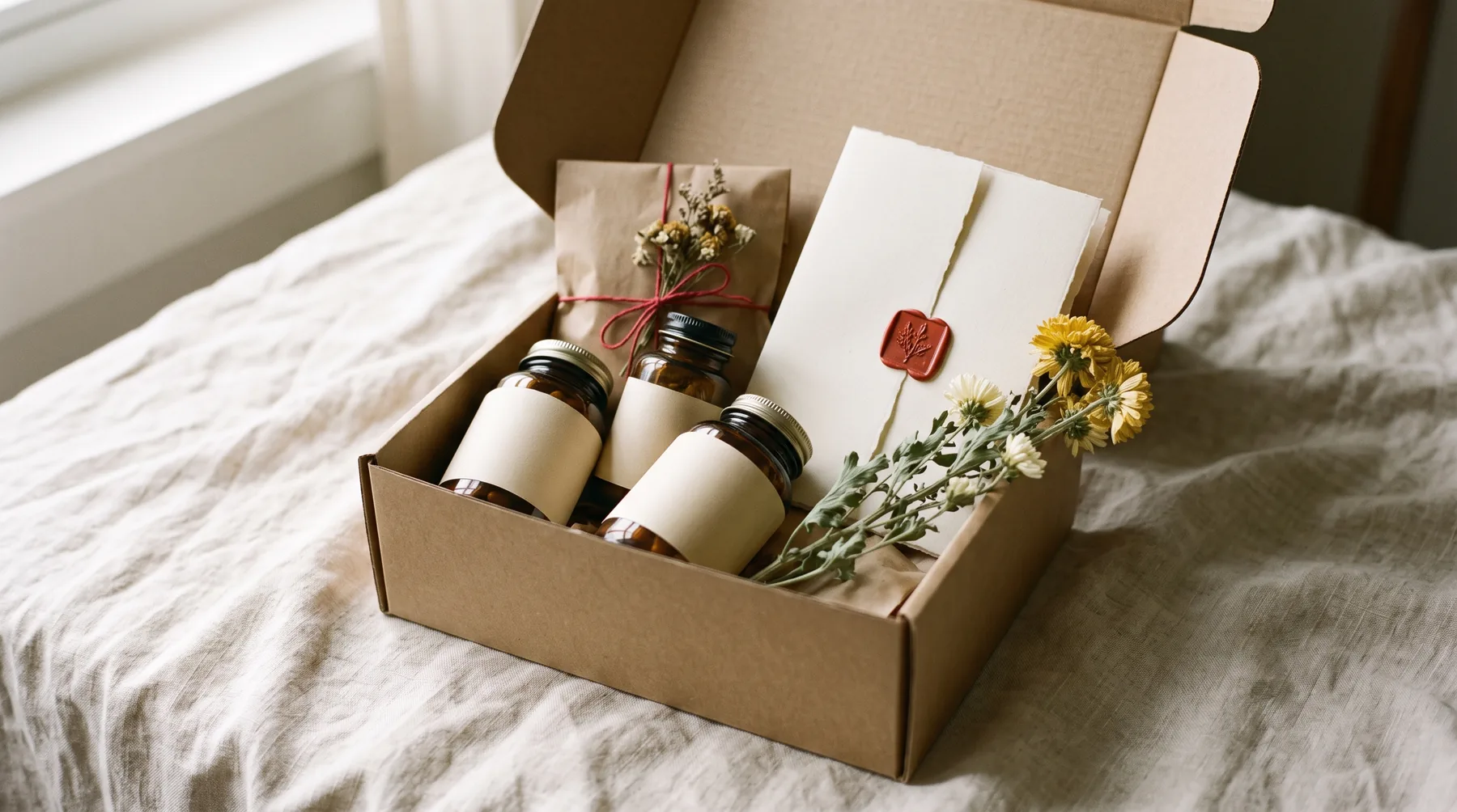 A kraft box with amber bottles, an herb packet, and a sealed card, ready to ship.
