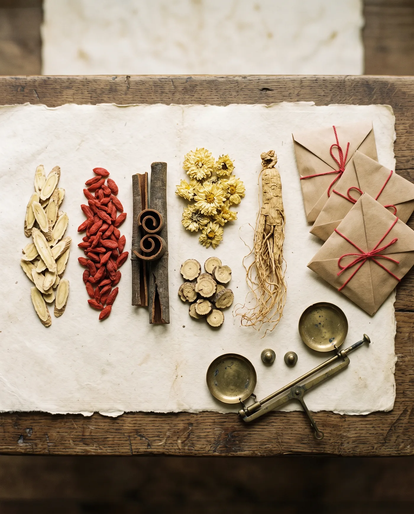 Chinese herbs laid out on paper with a brass scale and packets tied in red string.